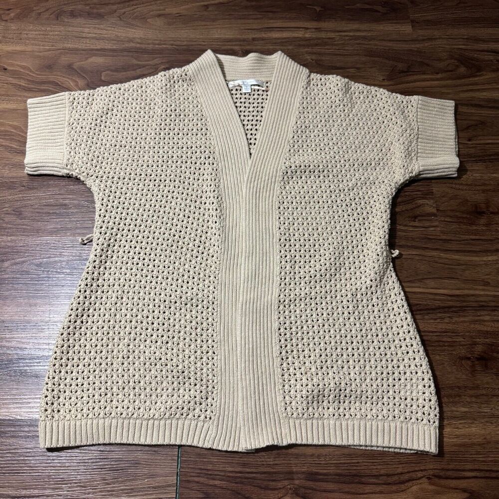 LC Lauren Conrad Cardigan Beige Short Sleeve Open Front Sweater Knit Women's M